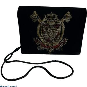 Vntg Carolyne Barton Black Velvet Beaded Coat of Arms Small Crossbody Purse Bag